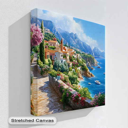 Negative space surrounds the Mediterranean pathway in this canvas wall art, offering a visual break alongside the vibrant coastal village scene in this canvas wall art.