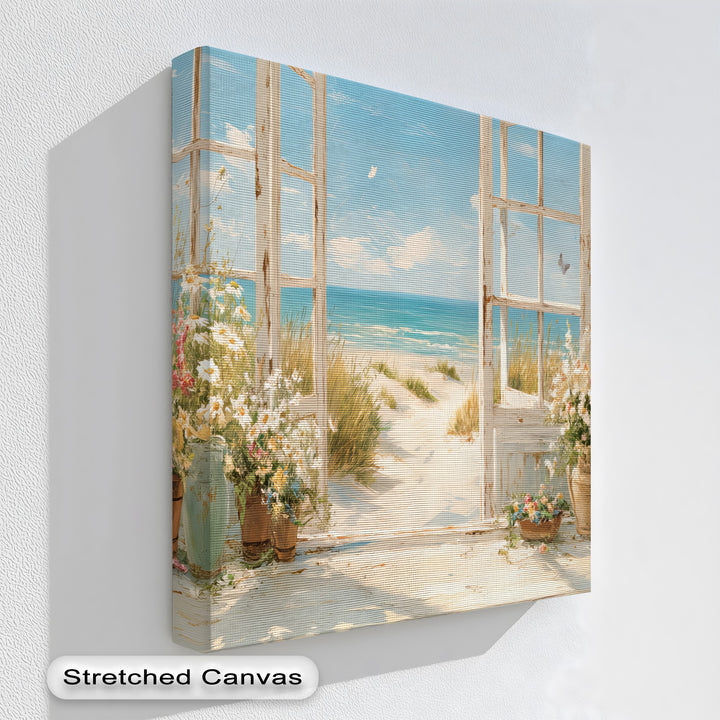 Seaside Serenity – Open Window to Coastal Bloom Canvas Print
