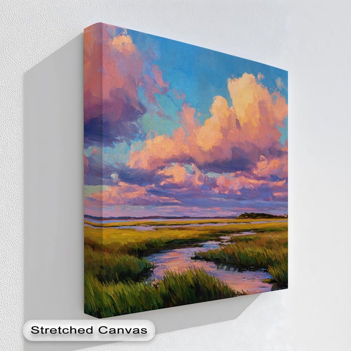 Softly painted clouds dominate the sky in this golden sunset marsh landscape, a breathtaking best canvas prints piece showcasing dramatic sky nature wall art.