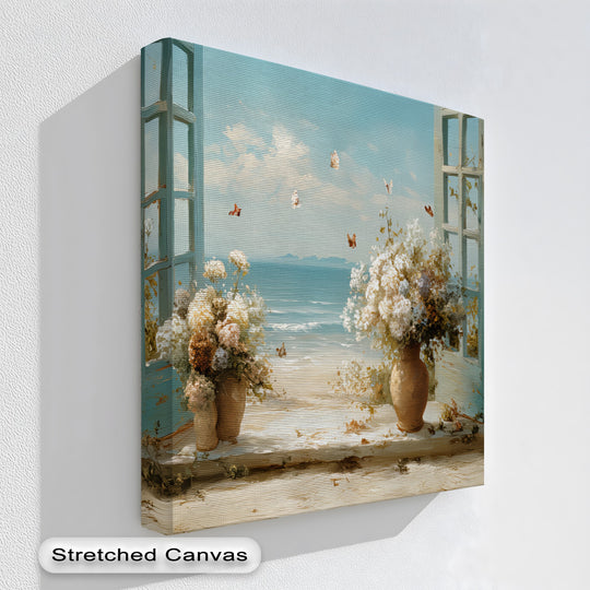 Gallery-wrapped finish showcases this seaside breeze coastal floral canvas art prints, highlighting blue shutters and hydrangeas with a stunning, continuous image.