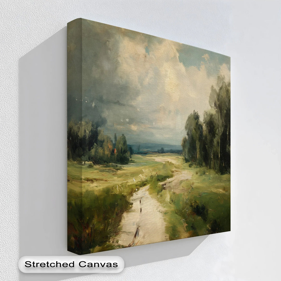 Countryside landscape canvas print with dirt path green fields and cloudy sky

