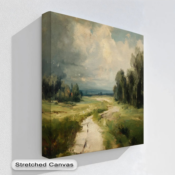 Countryside landscape canvas print with dirt path green fields and cloudy sky

