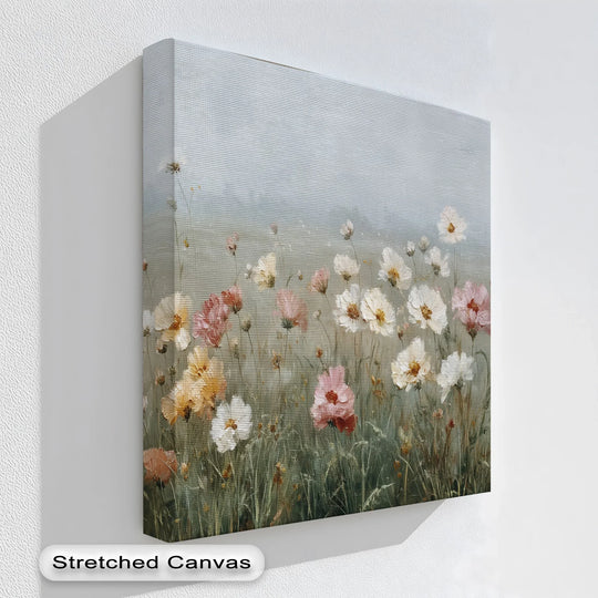 Finely textured hanging canvas ensures a lasting print of 'Whispers of Spring – Soft Meadow Floral Canvas Print' with vibrant colors and a gallery-worthy finish.