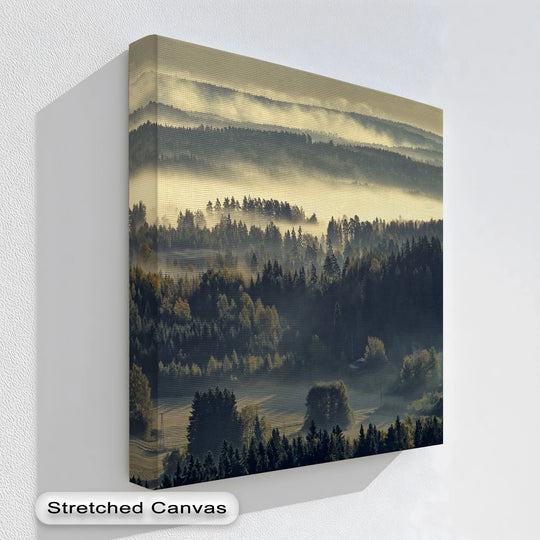 Brightest highlights illuminate the ethereal mist in a landscape canvas print, offering stunning depth and dimension to these mesmerizing canvas pictures of forest layers.