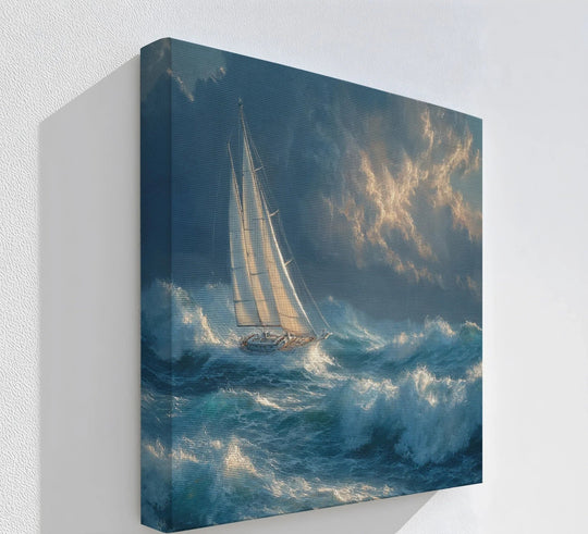 Crisp edges define this gallery-wrapped canvas showcasing one of the best canvas prints, 'Racing the Storm,' with a dramatic sailboat scene and striking border.