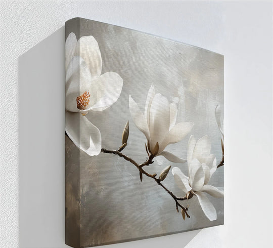 Magnolia Elegance – textured white flower wall art on muted background.

