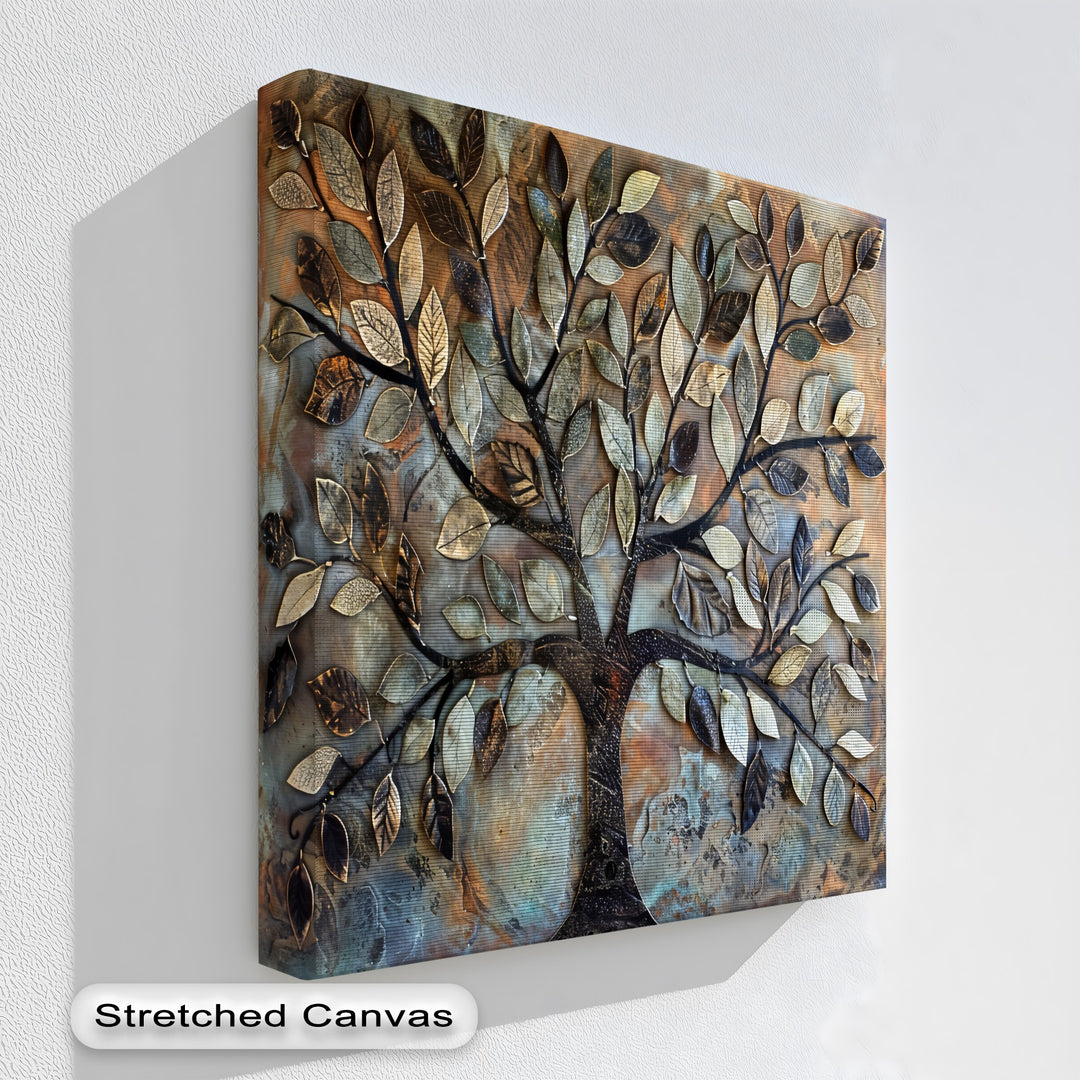 The textured leaves of this 3D-style Tree of Life hanging canvas subtly shift and flow, creating a dynamic botanical wall art piece.