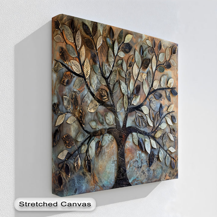 The textured leaves of this 3D-style Tree of Life hanging canvas subtly shift and flow, creating a dynamic botanical wall art piece.