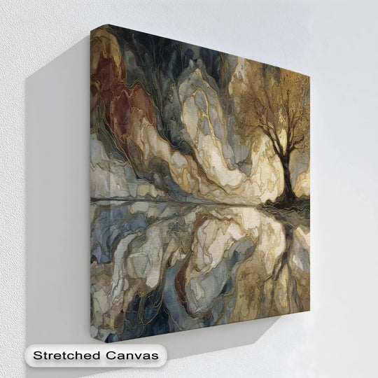 Dominated by golden and neutral tones, this framed canvas features an abstract tree reflection, giving the “Eternal Roots – Golden Tree Reflected Abstract Canvas Print” a warm feel.
