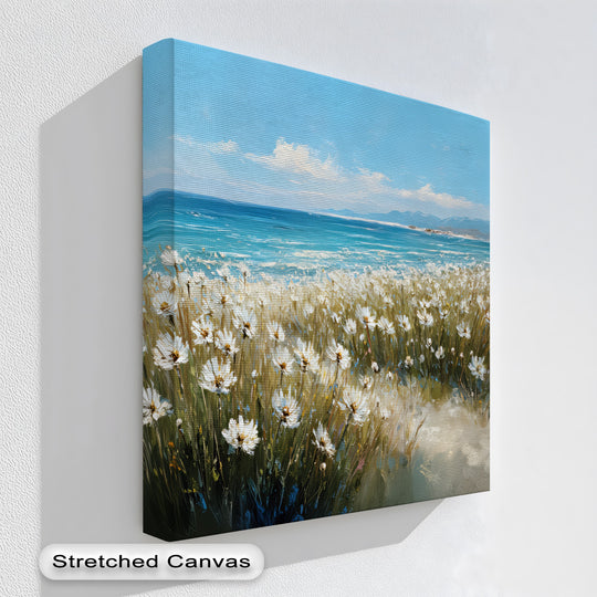Defined by its rectangular shape, the coastal daisy field canvas wall art creates a geometric focal point with its sharp edges and clean lines.
