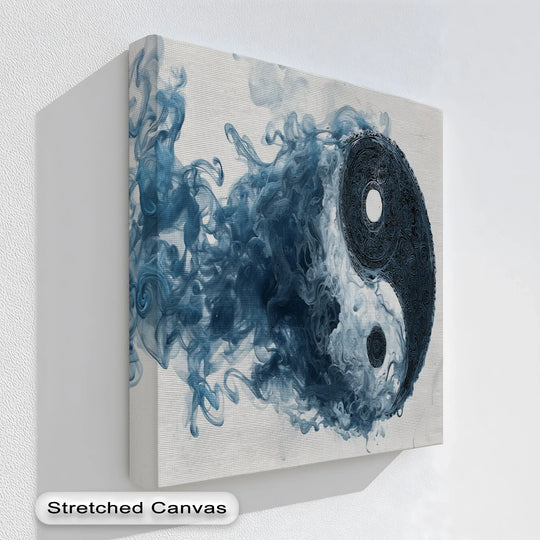 Ethereal yin yang symbol canvas print with swirling blue smoke

