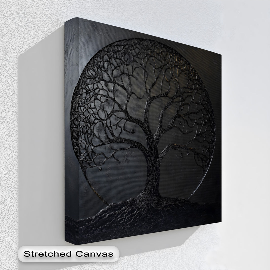 The stillness of the dark Black Tree of Life, with its imposing sculptural form and roots, makes for a unique canvas print.