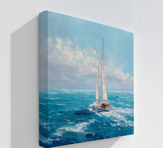 Serene mood is captured in this 'Open Seas Adventure' canvas art prints, depicting a sailboat slicing through ocean waves, perfect for tranquil coastal decor.