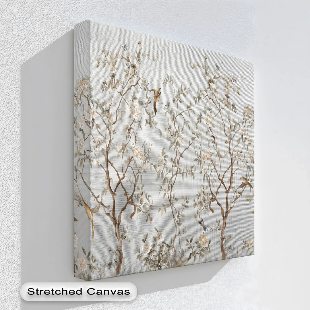Elegant bird and blossom canvas wall art in neutral tones

