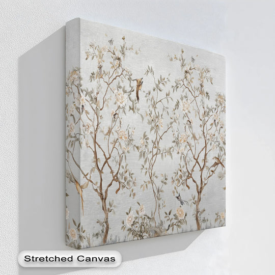 Crafted with premium canvas art material, the stretched Chinoiserie Blossom Garden canvas print showcases a fine woven texture and vibrant, lasting colors.