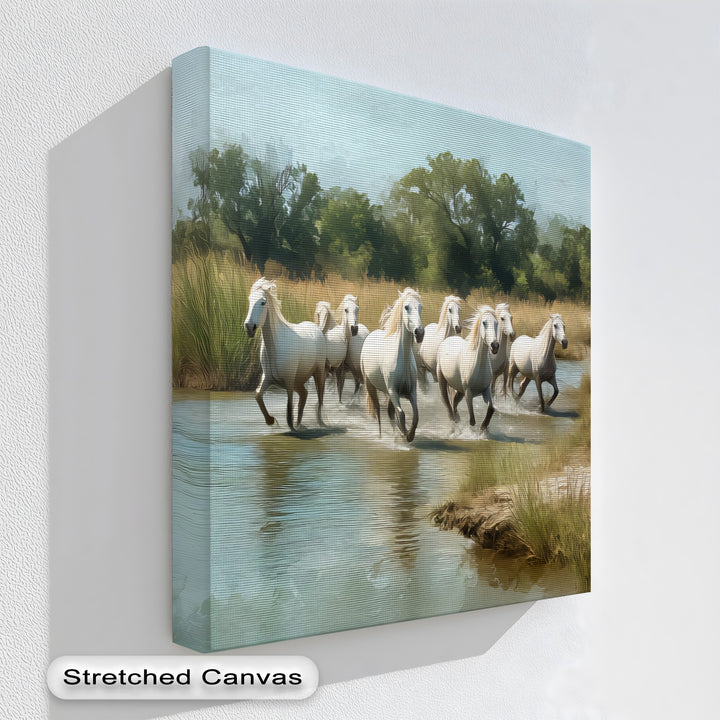 White Horses Running Through River - Horse Canvas Print