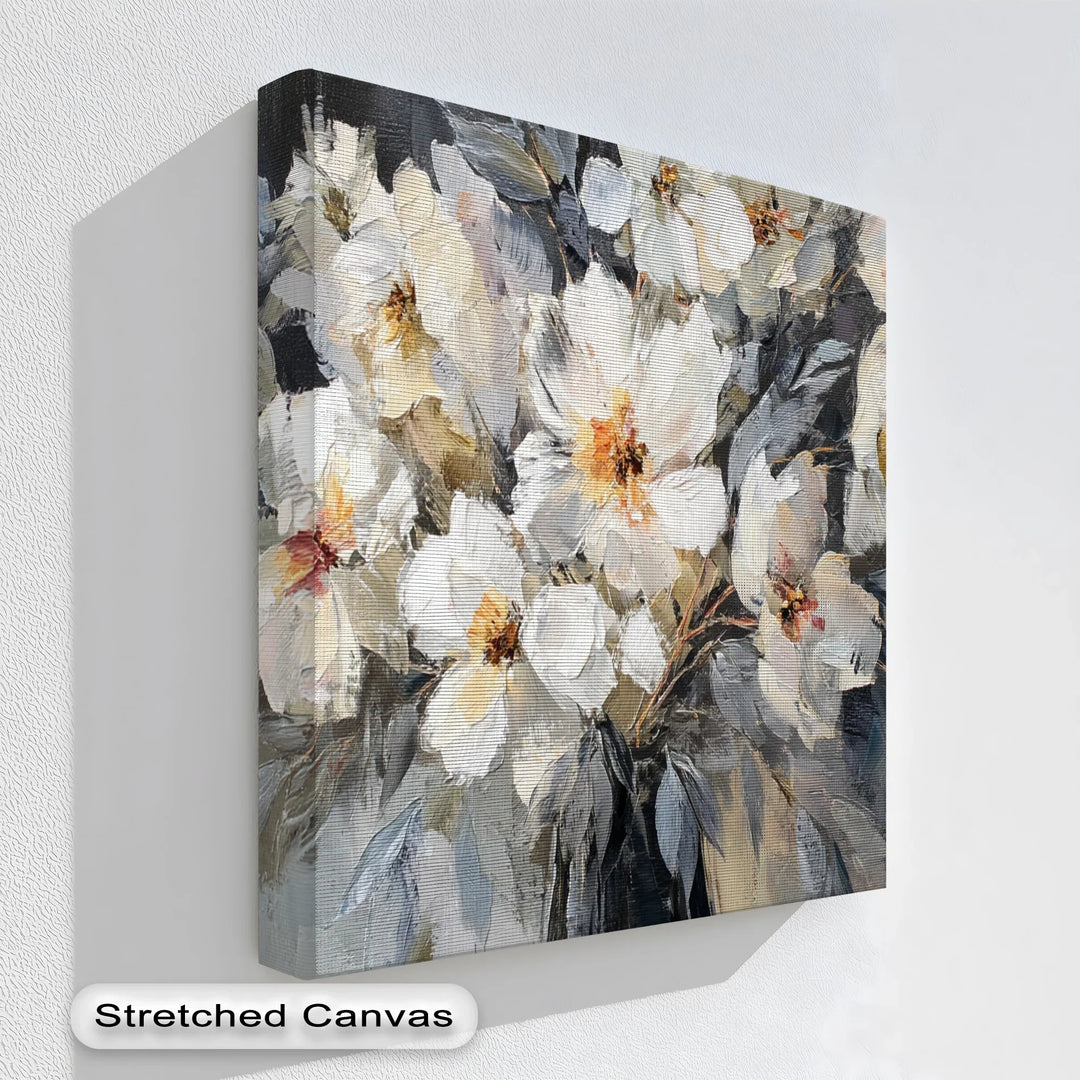 White floral canvas print with textured brush strokes on dark background

