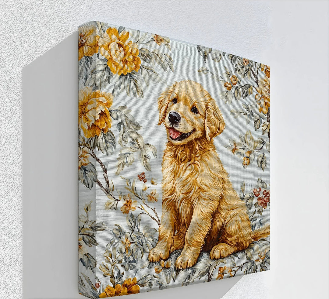 Smiling Golden Retriever Puppy with Vintage Floral Backdrop - Canvas Print - MyPhotoStation