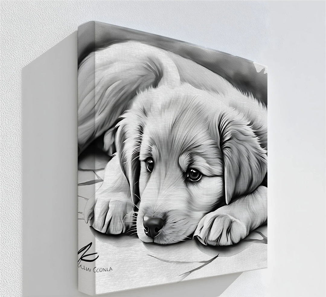 Gentle Gaze – Sad-Eyed Puppy in Black & White Canvas Print - MyPhotoStation