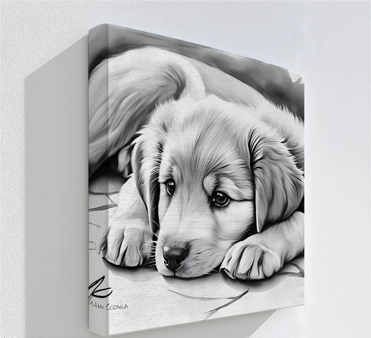 Rectangular canvas showcases a geometric, monochromatic puppy print, offering premium canvas decor with sharp lines that beautifully capture the sad-eyed dog.
