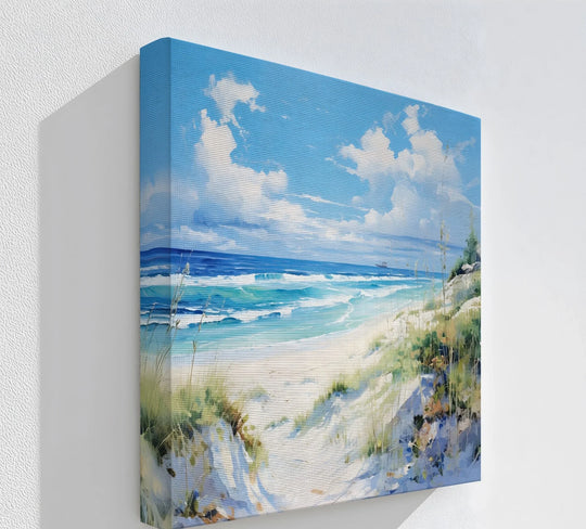 Tranquil seaside dunes and beach grasses dominate the central subject of this coastal calm canvas print, a striking example of beautiful canvas pictures.