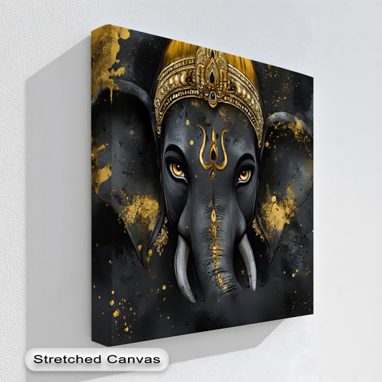 Canvas wall art of Lord Ganesha with golden accents and black motif featuring spiritual decor and Hindu wall art for meditation spaces