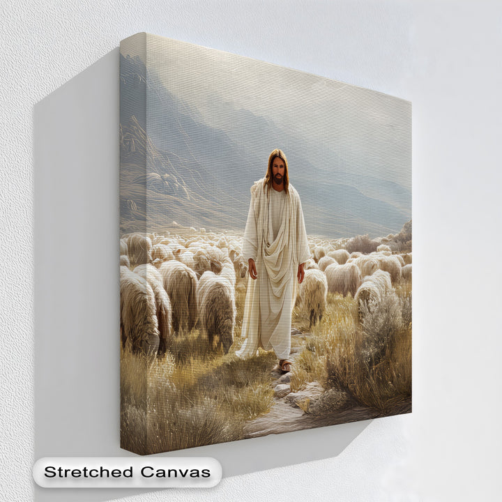 Jesus with Sheep in Mountain Valley - Religious Canvas Print