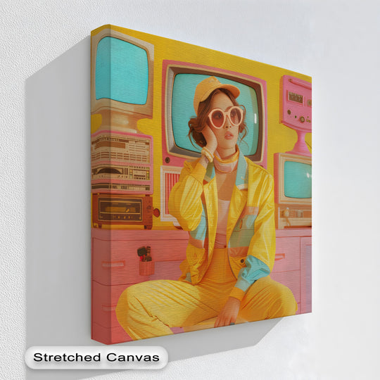 Against a stack of vintage televisions and radios, the unique canvas print evokes a retro aesthetic with its yellow and pink backdrop.