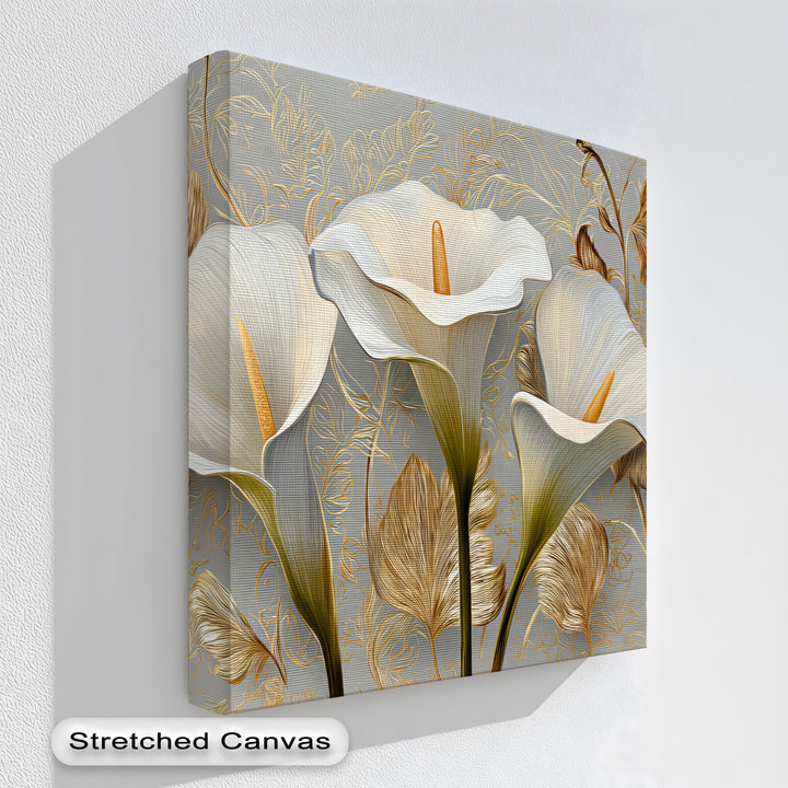 Golden Elegance – White Calla Lilies on Grey Floral Canvas Print