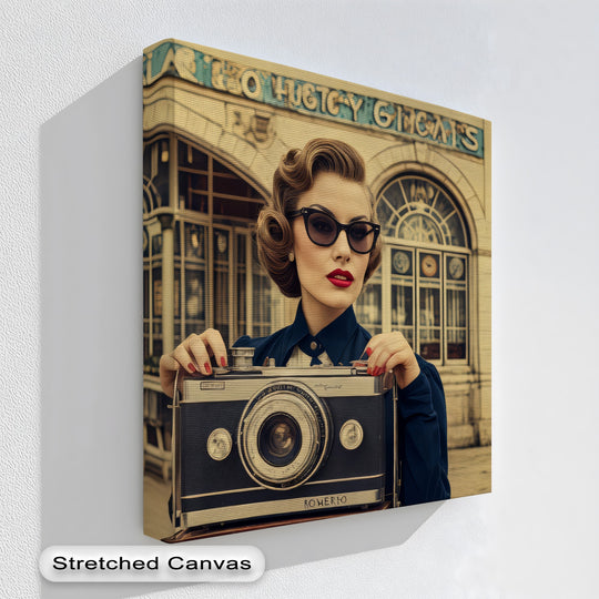 The realistic detail showcases a retro portrait with a woman holding an old camera, presented as a vintage glamour canvas wall art print.