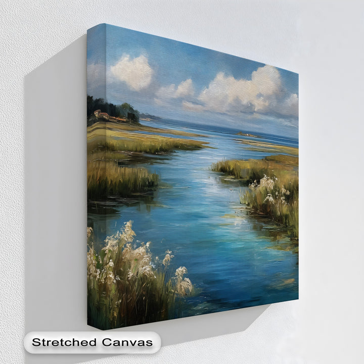 Brightest reflections accentuate the tranquil nature in this serene coastal marsh landscape canvas art prints, revealing a calm water stream amid golden reeds.