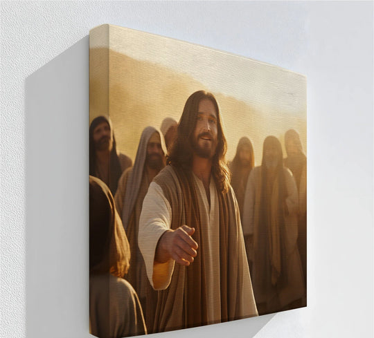 Alternating figures create a visual rhythm in this premium canvas decor showing Jesus beckoning the crowd in this inviting 'Come, Follow Me' canvas print.