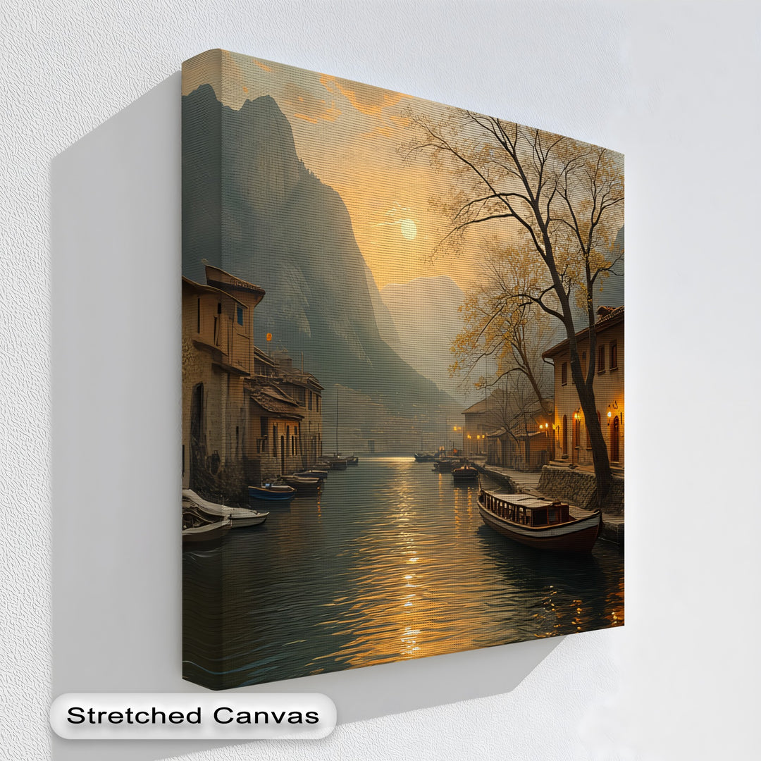 Stretched canvas print of a scenic painting with boats on a canal and mountains in the background.