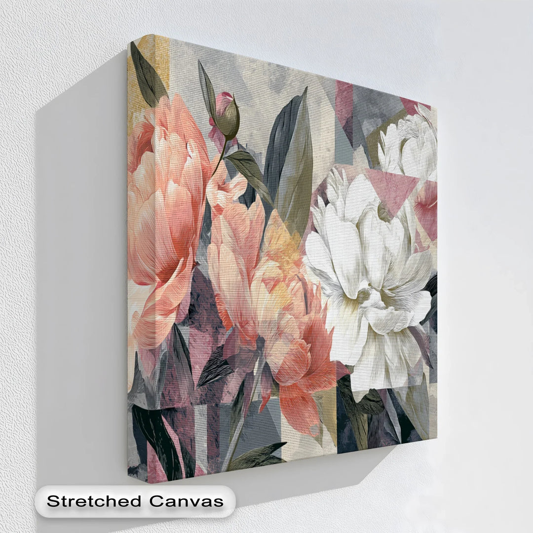 Abstract floral canvas print with peonies and geometric pattern background

