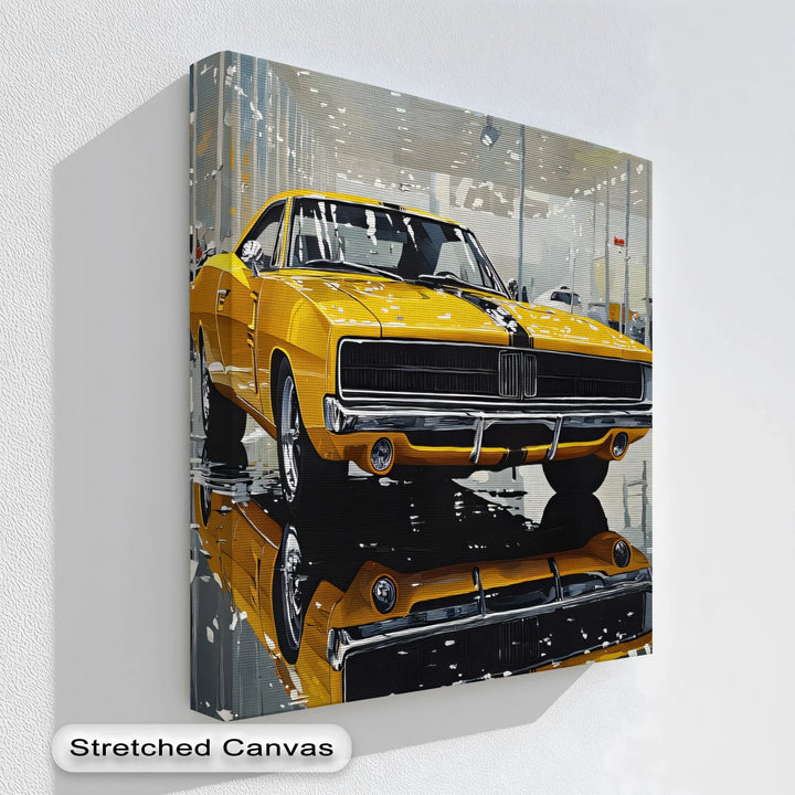 Classic Yellow Dodge Charger in Showroom – Car Canvas Print