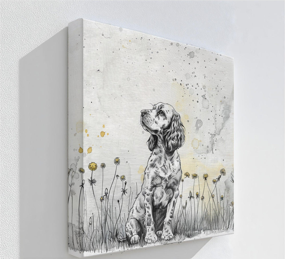 Gentle Wonder – Ink Sketch Puppy in Dandelion Meadow Canvas Print - MyPhotoStation