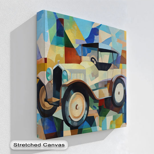 Highlighting the layering effect, this vintage car canvas painting uses overlapping geometric shapes to create an abstract and vibrant car canvas print.