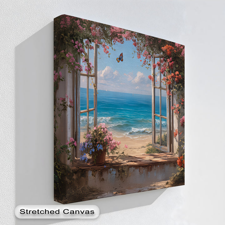 Blossoms by the Sea – Open Window Beach View Canvas Print