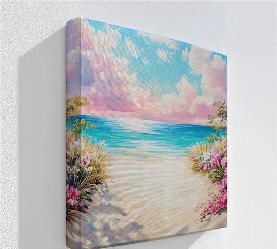 Negative space highlights the vibrant tropical floral path in canvas art prints, leading the eye toward the serene sea, a captivating focal point.