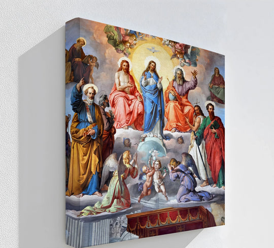 Exhibiting realistic detail, this 'The Heavenly Coronation' Renaissance religious canvas print features exquisitely rendered figures in these beautiful canvas art prints.