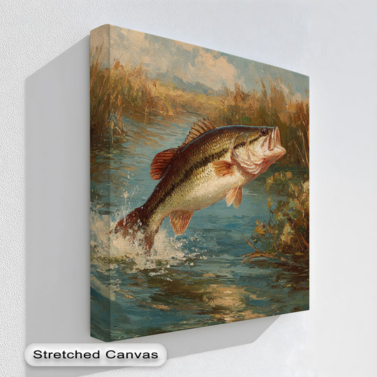 Splashing water dramatically illustrates this jumping bass fishing scene, making this wildlife canvas art a dynamic canvas art piece for any angler’s home.