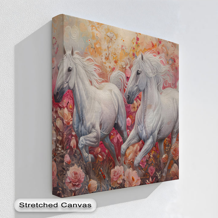 White Horses in Blooming Garden - Horse Canvas Print