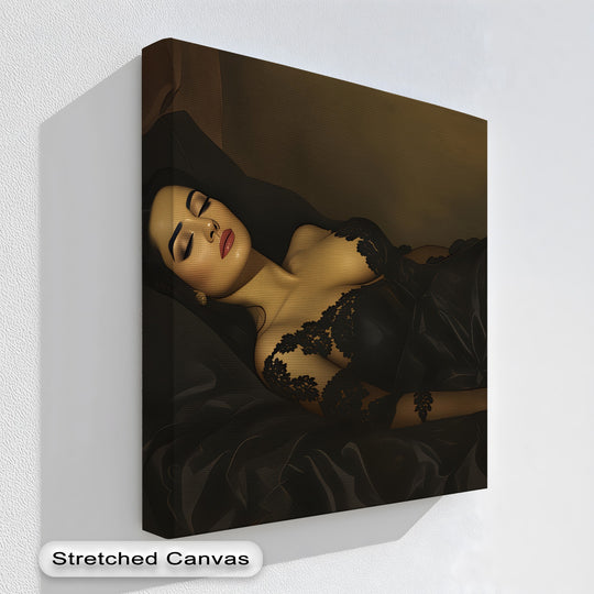 Textured surface reveals the erotic canvas art prints in the Velvet Eclipse canvas wall art, highlighting the rich details of lace and shadowed forms.