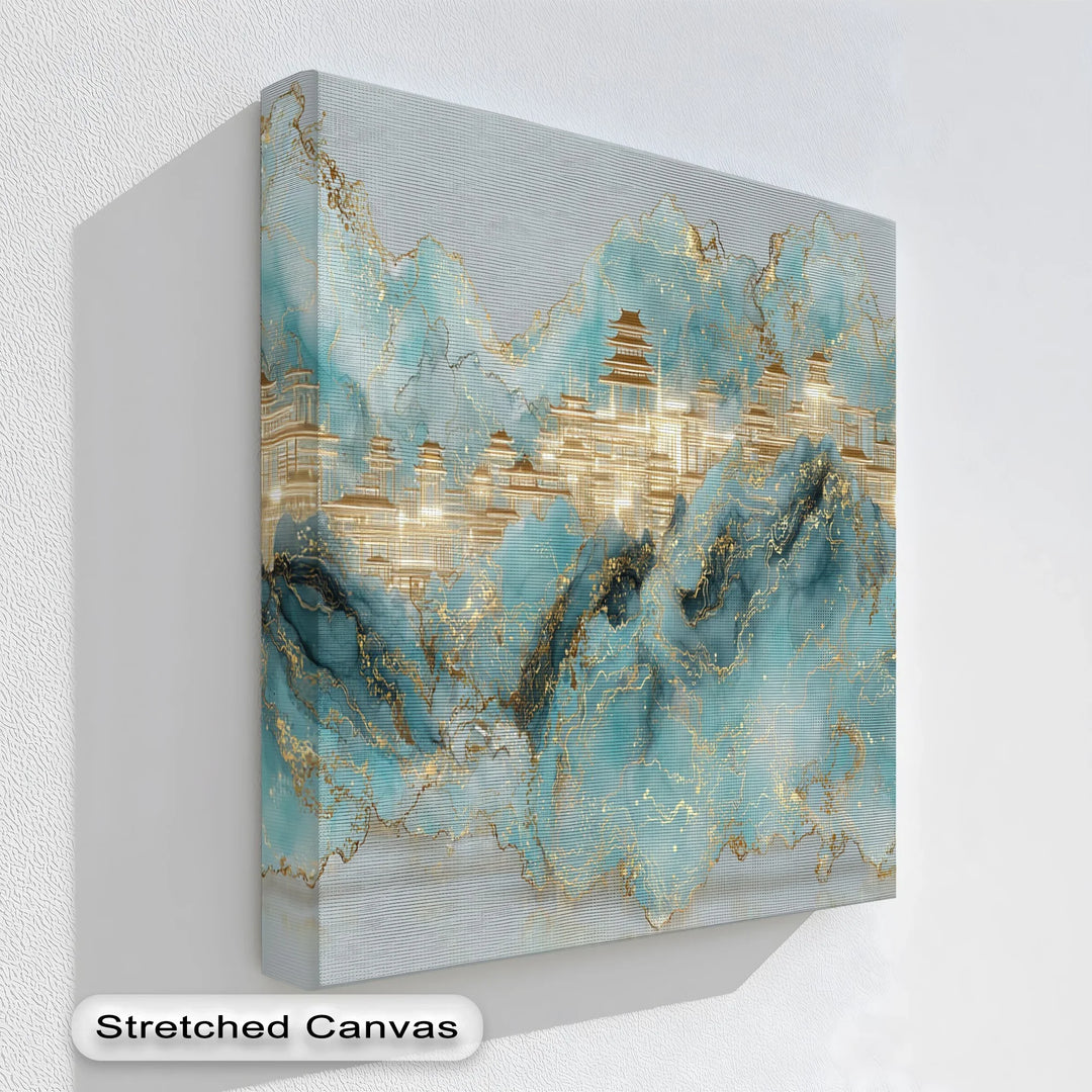 Abstract cityscape canvas print with golden pagodas and teal marble mountains

