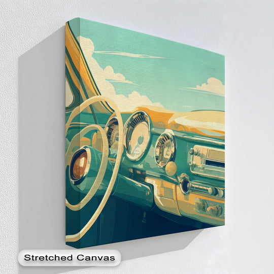 Layers of golden light and teal tones create depth in this hanging canvas print, showcasing a retro car dashboard in a nostalgic design.