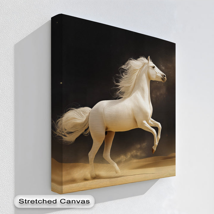Desert Majesty – White Stallion in Golden Sands Canvas Print