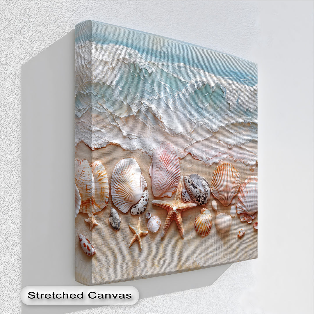 Coastal charm meets texture in this beach-themed canvas wall art.

