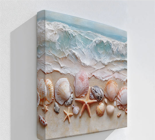 Tranquil mood emanates from the seashell shoreline display, a piece of calming canvas art showcasing textured ocean waves and an array of coastal shells.