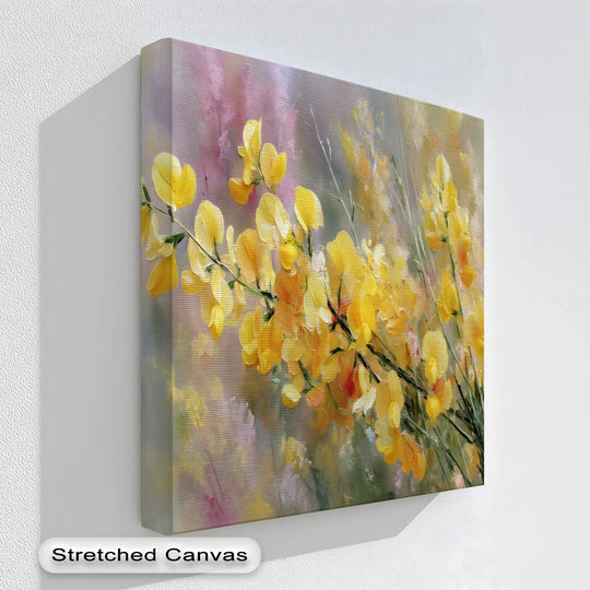 Vibrant yellow floral canvas art with soft pastel background

