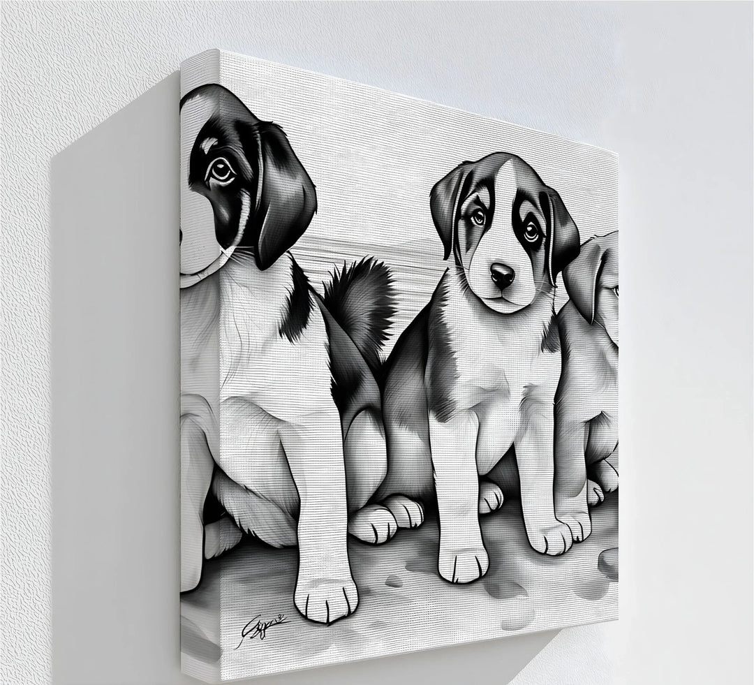 Seaside Trio – Monochrome Puppy Portrait at the Shore Canvas Print - MyPhotoStation